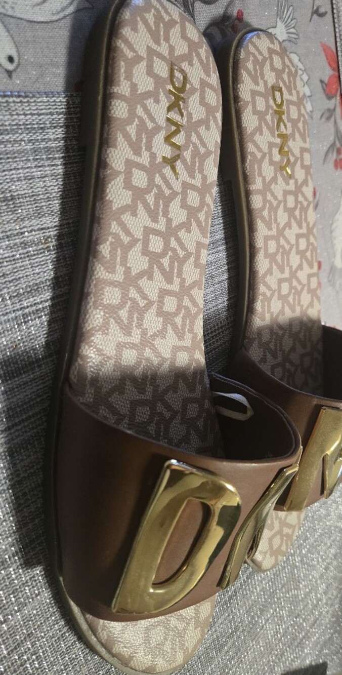 DKNYC Brown Slide Sandals with Gold Logo Accent